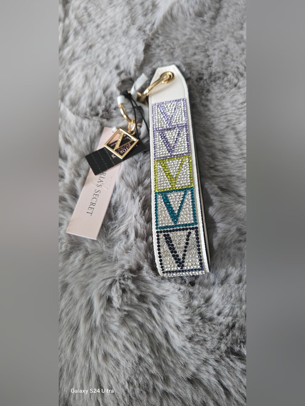Victoria's Secret White Keychain Strap with Multicolor Crystal V Accents